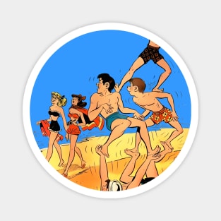 sporty boys playing on the beach by the sea see two beautiful pin up girls Magnet